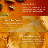 Bliss Pumpkin Face Mask key ingredients include Pumpkin Puree, Lemon & Rice Powder, and Sodium Hyaluronate