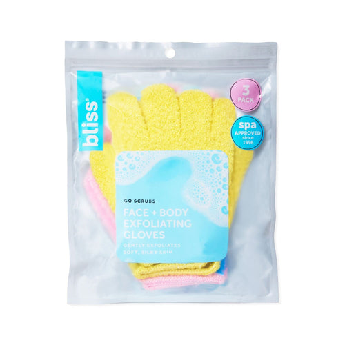 Bliss Go Scrubs Face + Body Exfoliating Gloves-Pink/Yellow/Blue in packaging