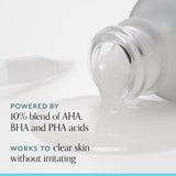 Bliss Clear Genius Peel is powered by a 10% blend of AHA, BHA and PHA acids and works to clear skin without irritating