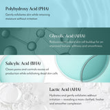 Bliss Clear Genius Peel key ingredients include Polyhydroxy Acid (PHA), Glycolic Acid (AHA), Salicylic Acid (BHA), Lactic Acid (AHA)