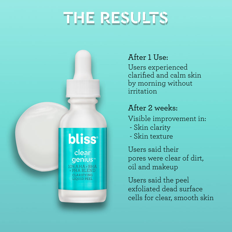 Bliss Clear Genius Peel results - after 1 use customers experienced clarified and calm skin by morning without irritation