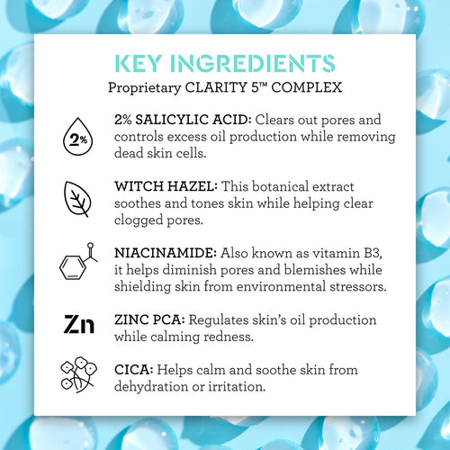 Bliss Clear Genius Spot Treatment key ingredients are 2% Salicylic Acid, Witch Hazel, Niacinamide, Zinc PCA, and Cica