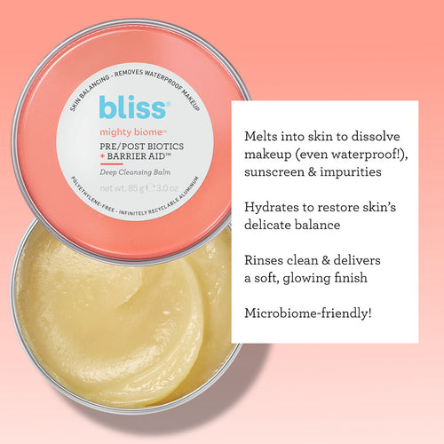 Mighty Biome Pre/Post Biotics + Barrier Aid™ Cleansing Balm melts into skin to dissolve makeup (even waterproof!), sunscreen & impurities 