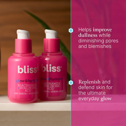 Bliss Glow & Hydrate Day Hyaluronic Serum helps improve dullness while diminishing pores and blemishes. It also replenishes and defends skin for the ultimate everyday glow