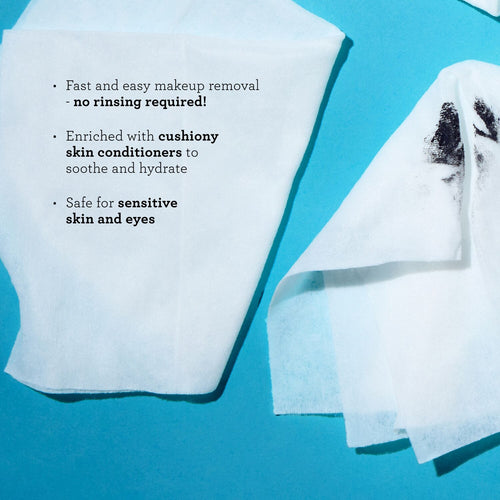 Bliss Makeup Melt Oil Free Makeup Wipes are for fast and easy makeup removal - no rinsing required! The wipes are enriched with cushiony skin conditioners to soothe & hydrate. The makeup wipes are safe for sensitive skin and eyes