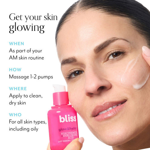 Bliss Glow & Hydrate Day Hyaluronic Serum should be used as part of your AM skincare routine by massaging 1-2 pumps onto dry, clean skin. Bliss Glow & Hydrate Day Hyaluronic Serum is good for all skin types, including oily