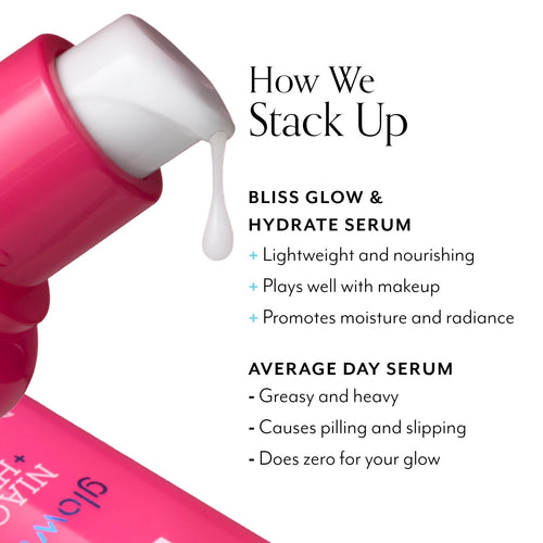 Bliss Glow & Hydrate Day Hyaluronic Serum is lightweight and nourishing, plays well with makeup, and promotes moisture and radiance
