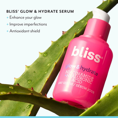 Bliss Glow & Hydrate Day Hyaluronic Serum enhances your glow and improves imperfections 