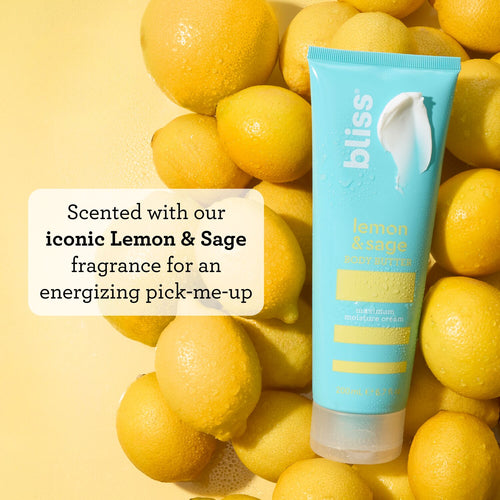 Bliss Lemon & Sage Moisturizing Body Butter is scented with our iconic Lemon & Sage fragrance for an energizing pick-me-up