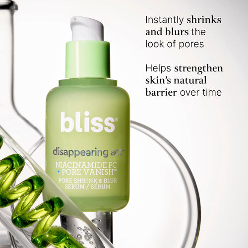 Bliss Disappearing Act Serum instantly shrinks and blurs the look of pores. It also helps strengthen skins natural barrier over time
