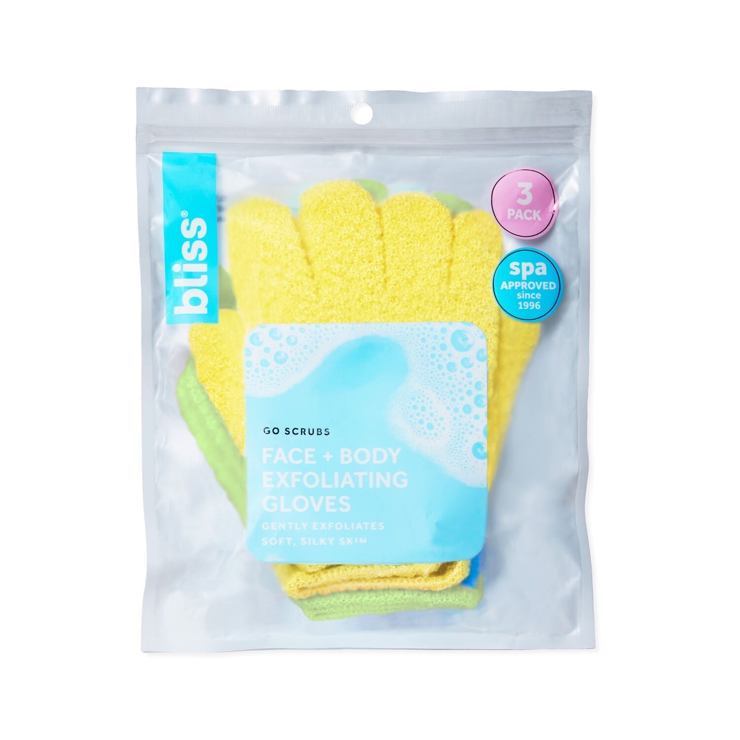 Bliss Free Go Scrubs Face + Body Exfoliating Gloves-Yellow/Green/Blue