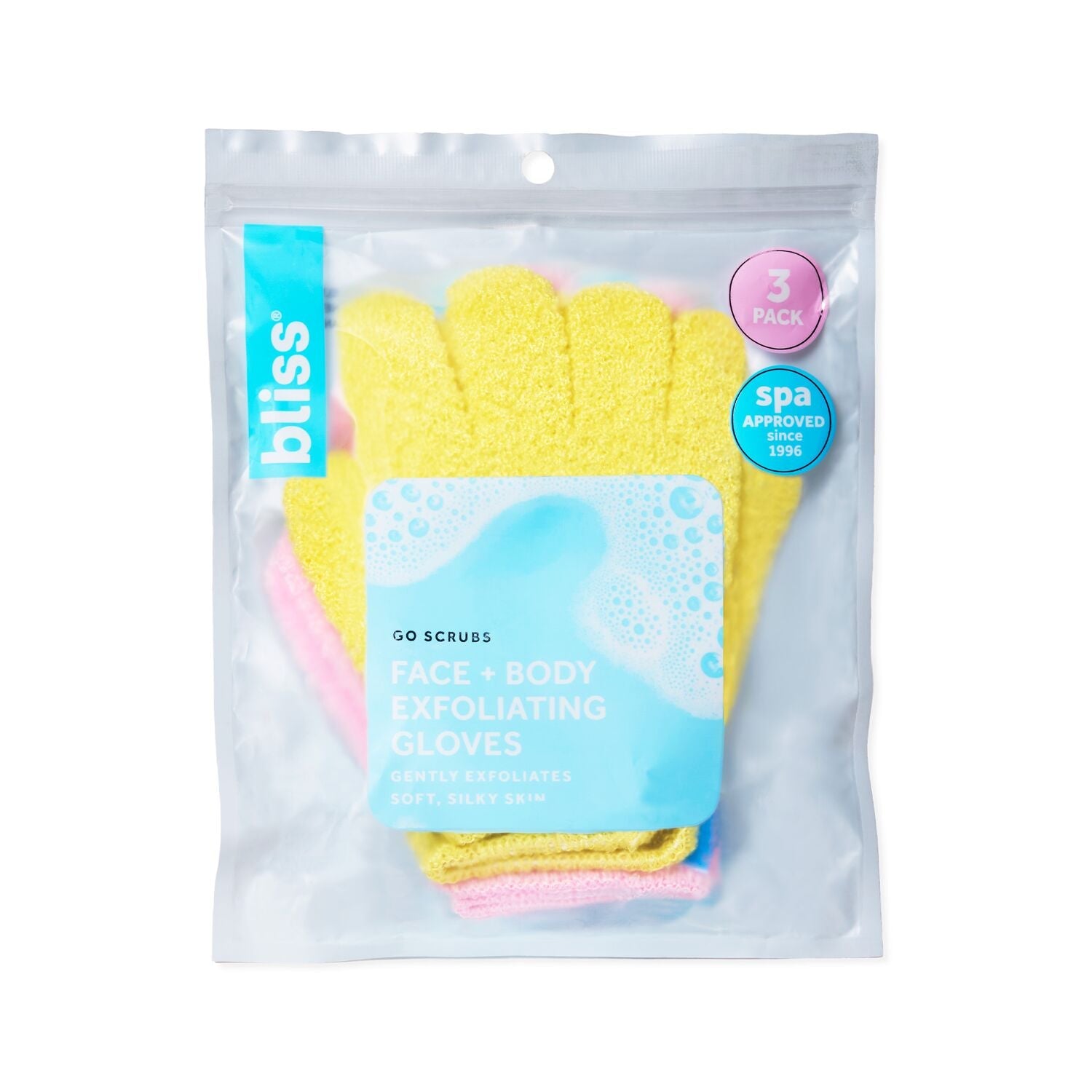 Bliss Go Scrubs Face + Body Exfoliating Gloves-Pink/Yellow/Blue