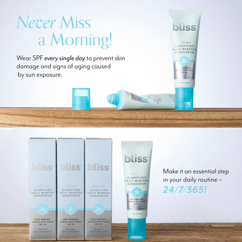 Block Star Clarifying Mineral Sunscreen SPF 30 product call out to wear SPF to help signs of aging 