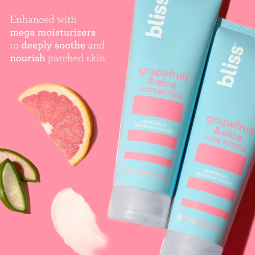 Bliss Grapefruit & Aloe Body Butter is enhanced with mega moisturizers to deeply soothe & nourish parched skin