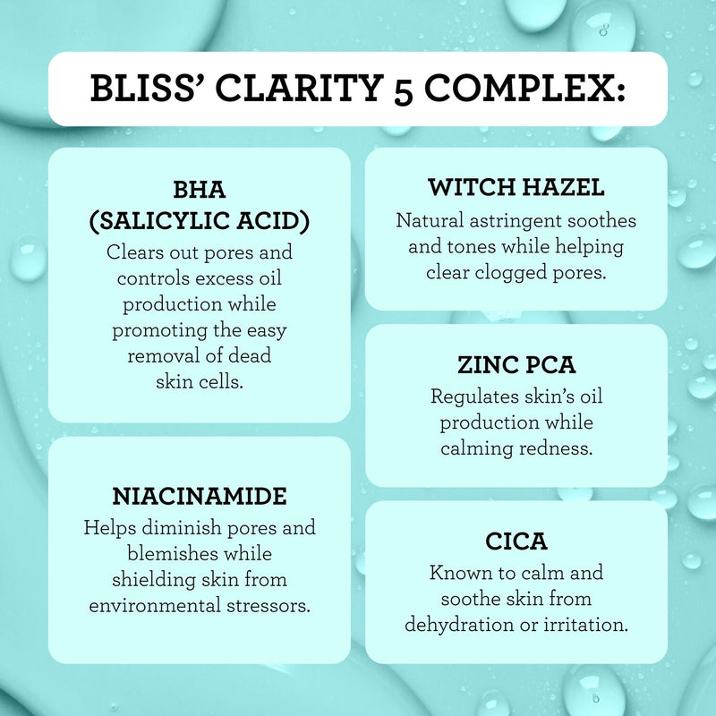 Bliss Clear Genius clarifying 2-in-1 toner and serums clarity 5 complex includes Salicylic Acid, Niacinamide, Witch Hazel, Zinc PCA, and Cica
