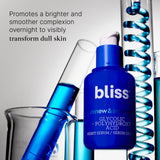 Bliss Renew & Smooth Night Glycolic Acid Serum promotes a brighter and smoother complexion overnight to visible transform dull skin