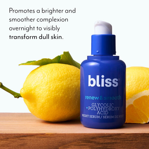 Bliss Renew & Smooth Night Glycolic Acid Serum promotes a brighter and smoother complexion overnight to visibly transform dull skin