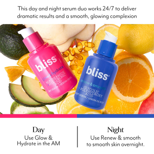 Bliss Glow & Hydrate Day Hyaluronic Serum pairs well with Bliss Renew & Smooth serum