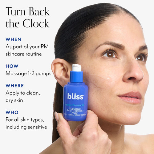 Bliss Renew & Smooth Night Glycolic Acid Serum should be used as part of your PM skincare routine, with 1-2 pumps applied to clean, dry skin. Bliss Renew & Smooth Night Glycolic Acid Serum is good for all skin types, including sensitive