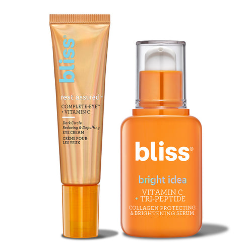 Bliss Get it Bright Duo includes Rest Assured Dark Circle Reducing & Depuffing Eye Cream and Collagen Protecting & Brightening Serum
