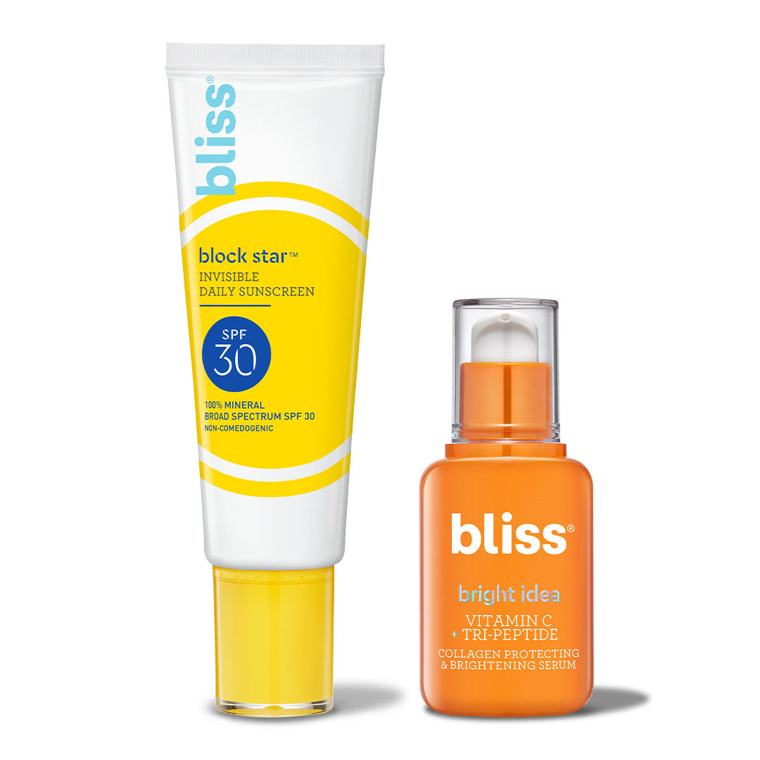 Bliss Brighten & Block Duo includes Block Star Invisible Daily Sunscreen and Bright Idea Collagen Protecting & Brightening Serum