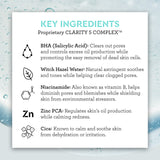 Bliss Clear Genius Cleanser key ingredients include BHA Salicylic Acid, Witch Hazel Water, Niacinamide, Zinc PCA, Cica