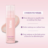 Bliss Ever Dew Skin Enhancing Glowy Serum 3 ways to wear: over skincare to amplify skin on makeup-free days, under makeup as a radiant base, over makeup on high points of face for an effortless glow