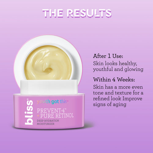 Bliss Youth Got This Moisturizer the results. After 1 use skin looks healthy, youthful and glowing. Within 4 weeks skin has a more even tone and texture for a refined look and improves signs of aging